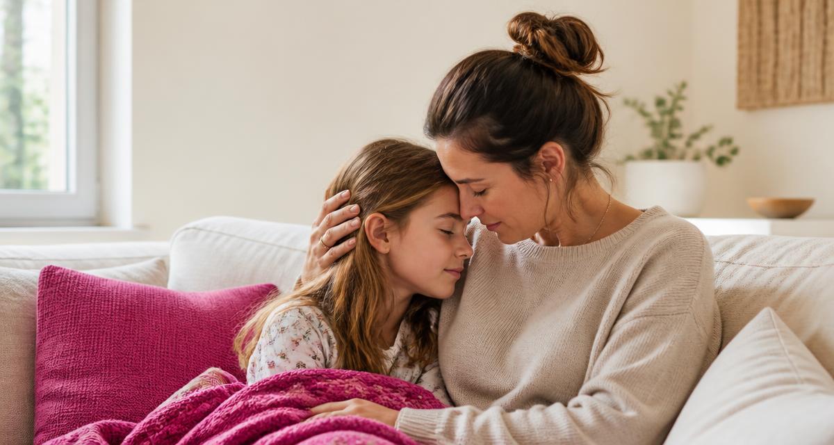 Mãe acolhendo filha pequena com carinho em ambiente calmo