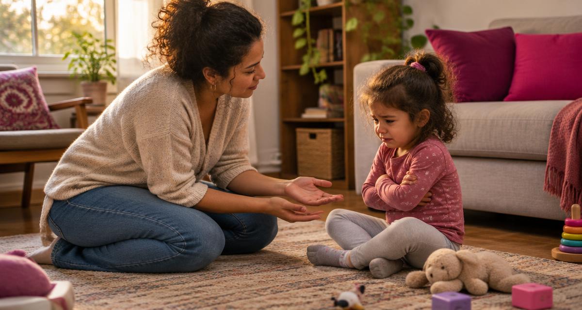 Mãe agachada na altura da filha pequena, que chora com os braços cruzados no chão da sala; a mãe mantém a mão estendida e o olhar calmo, em luz quente de fim de tarde