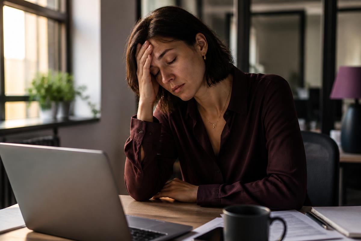 Pessoa exausta em frente ao computador no ambiente de trabalho