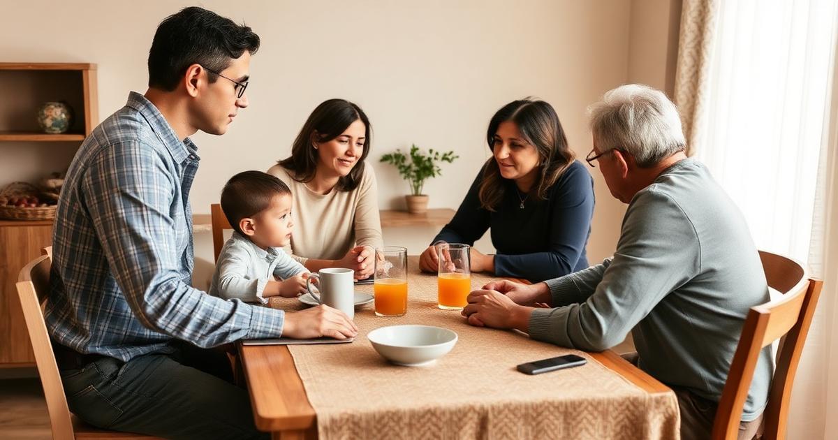 Família conversando em ambiente acolhedor