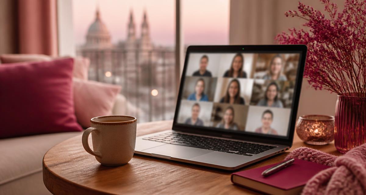 Notebook aberto em videochamada de terapia sobre mesa de madeira, com xícara de café e janela ao fundo