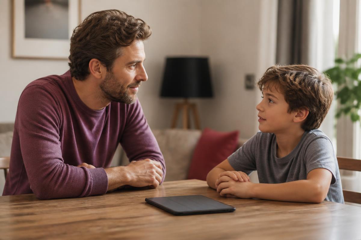 Pai e filho conversando, com um tablet pousado sobre a mesa entre eles